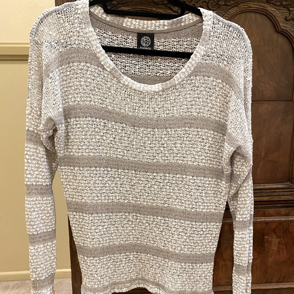 Grey striped long sleeve knit top